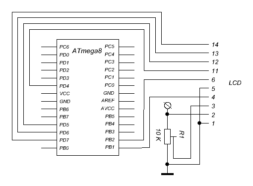Схема подключения LCD к микроконтроллеру